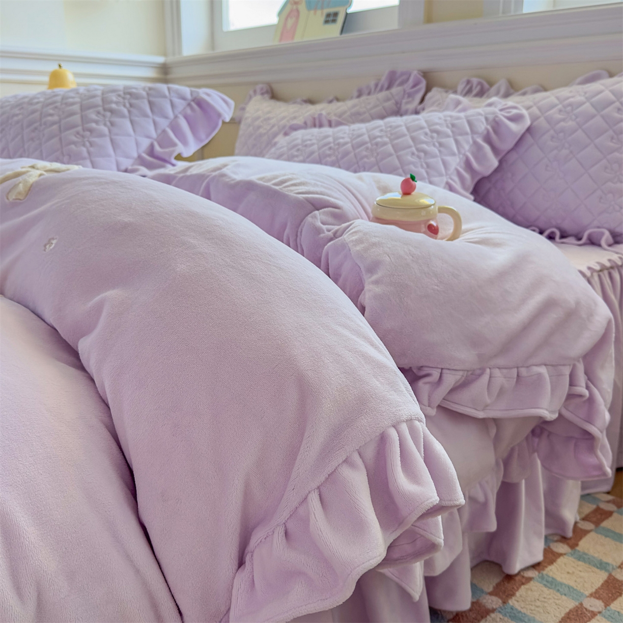 恒爱家纺 2025新款牛奶绒贴布绣夹棉床裙四件套 浪漫紫