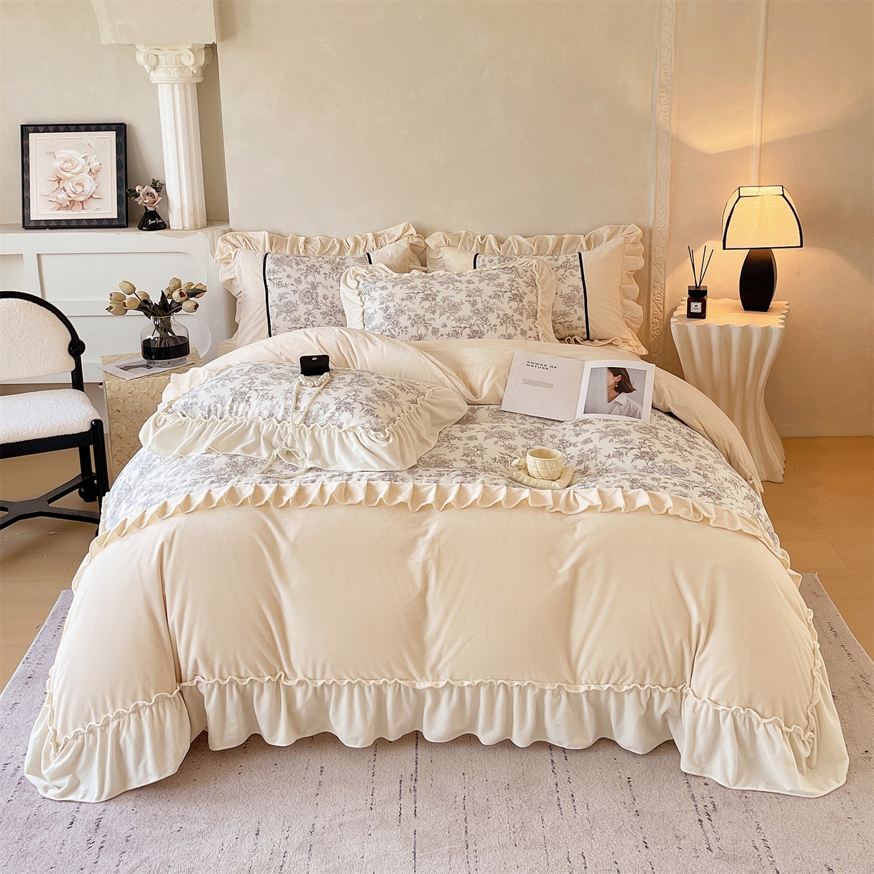 91家纺网 家纺一手货源 找家纺 （总）奥裕家纺 202新款全棉双层纱加绒法式美拉德雕花绒四件套-安妮