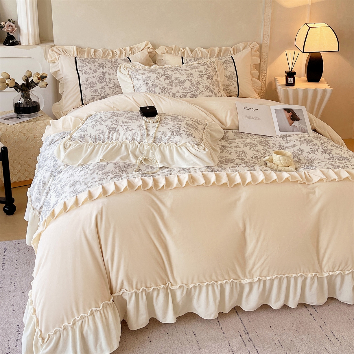 91家纺网 家纺一手货源 找家纺 （总）奥裕家纺 202新款全棉双层纱加绒法式美拉德雕花绒四件套-安妮