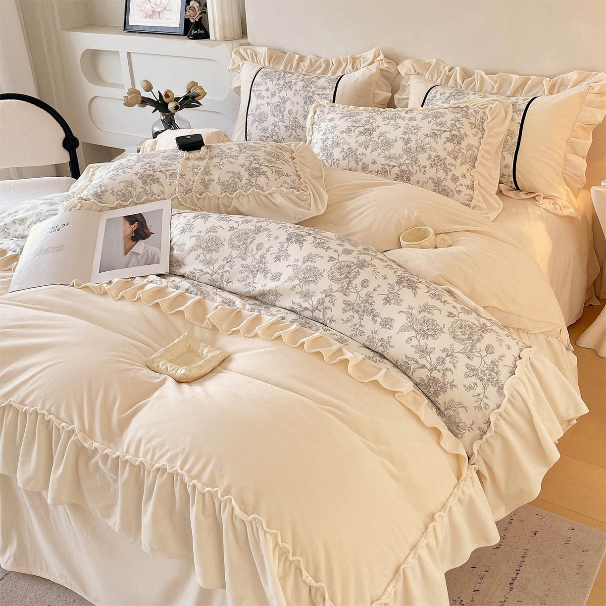 91家纺网 家纺一手货源 找家纺 （总）奥裕家纺 202新款全棉双层纱加绒法式美拉德雕花绒四件套-安妮