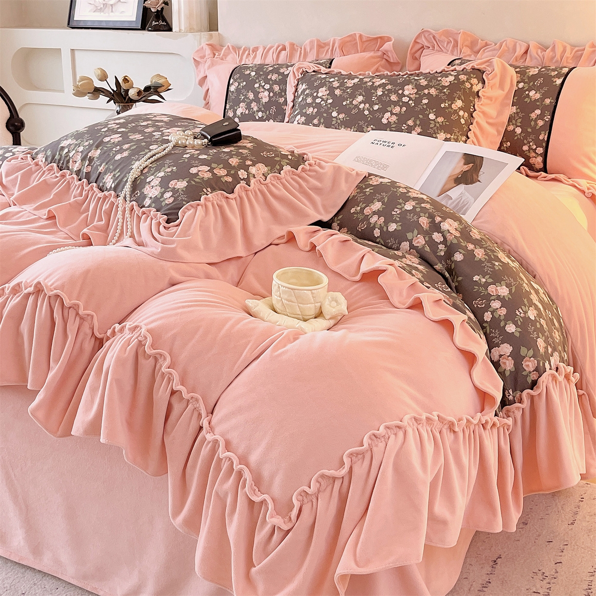 91家纺网 家纺一手货源 找家纺 （总）奥裕家纺 202新款全棉双层纱加绒法式美拉德雕花绒四件套-安妮