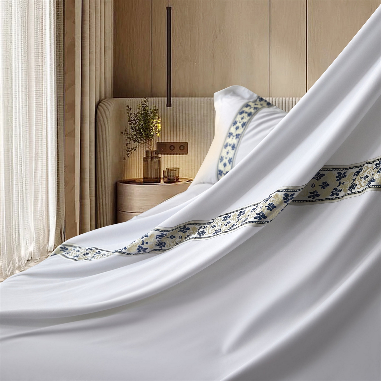 91家纺网 家纺一手货源 找家纺 罗菲尼酒店用品 2025新款高仿棉织带款酒店宾馆四件套 蓝彩