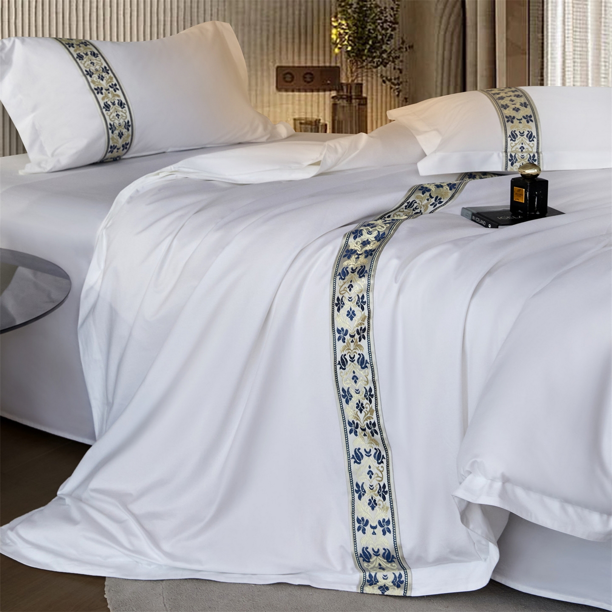 91家纺网 家纺一手货源 找家纺 罗菲尼酒店用品 2025新款高仿棉织带款酒店宾馆四件套 蓝彩