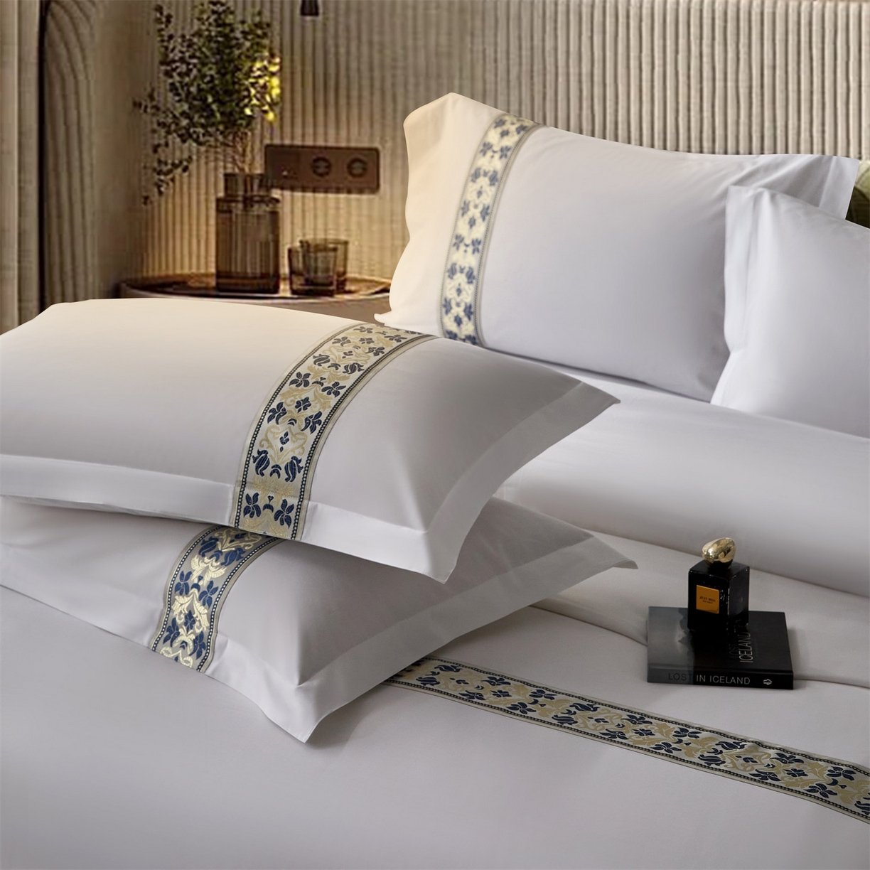 91家纺网 家纺一手货源 找家纺 罗菲尼酒店用品 2025新款高仿棉织带款酒店宾馆四件套 蓝彩