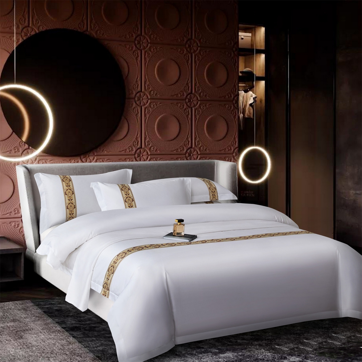 91家纺网 家纺一手货源 找家纺 罗菲尼酒店用品 2025新款高仿棉织带款酒店宾馆四件套 锦绣