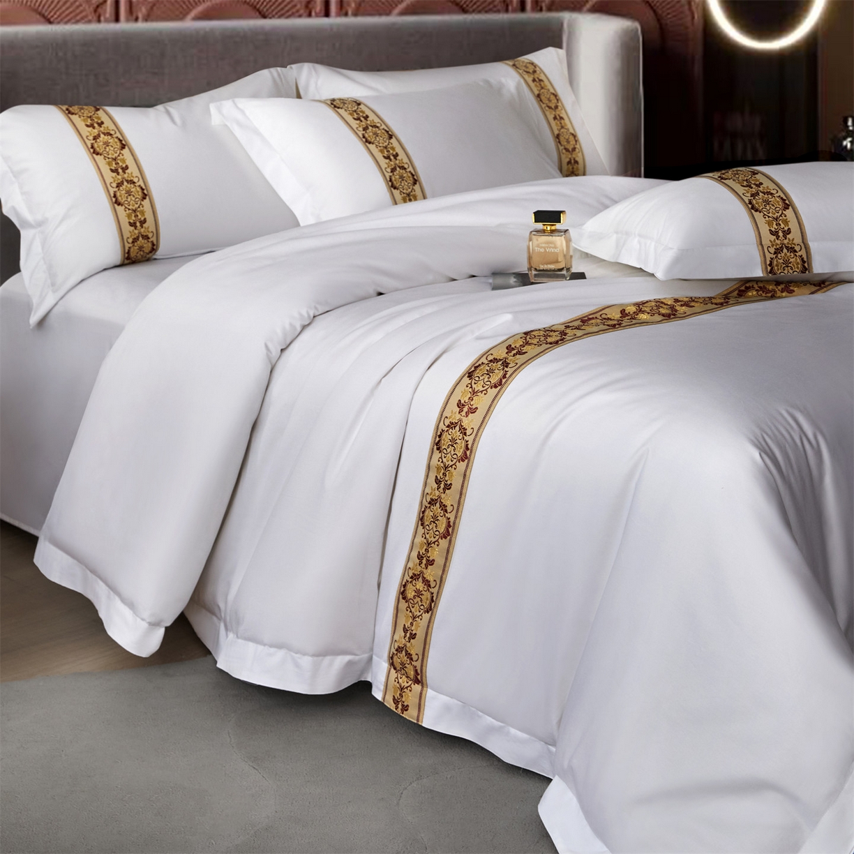 91家纺网 家纺一手货源 找家纺 罗菲尼酒店用品 2025新款高仿棉织带款酒店宾馆四件套 锦绣