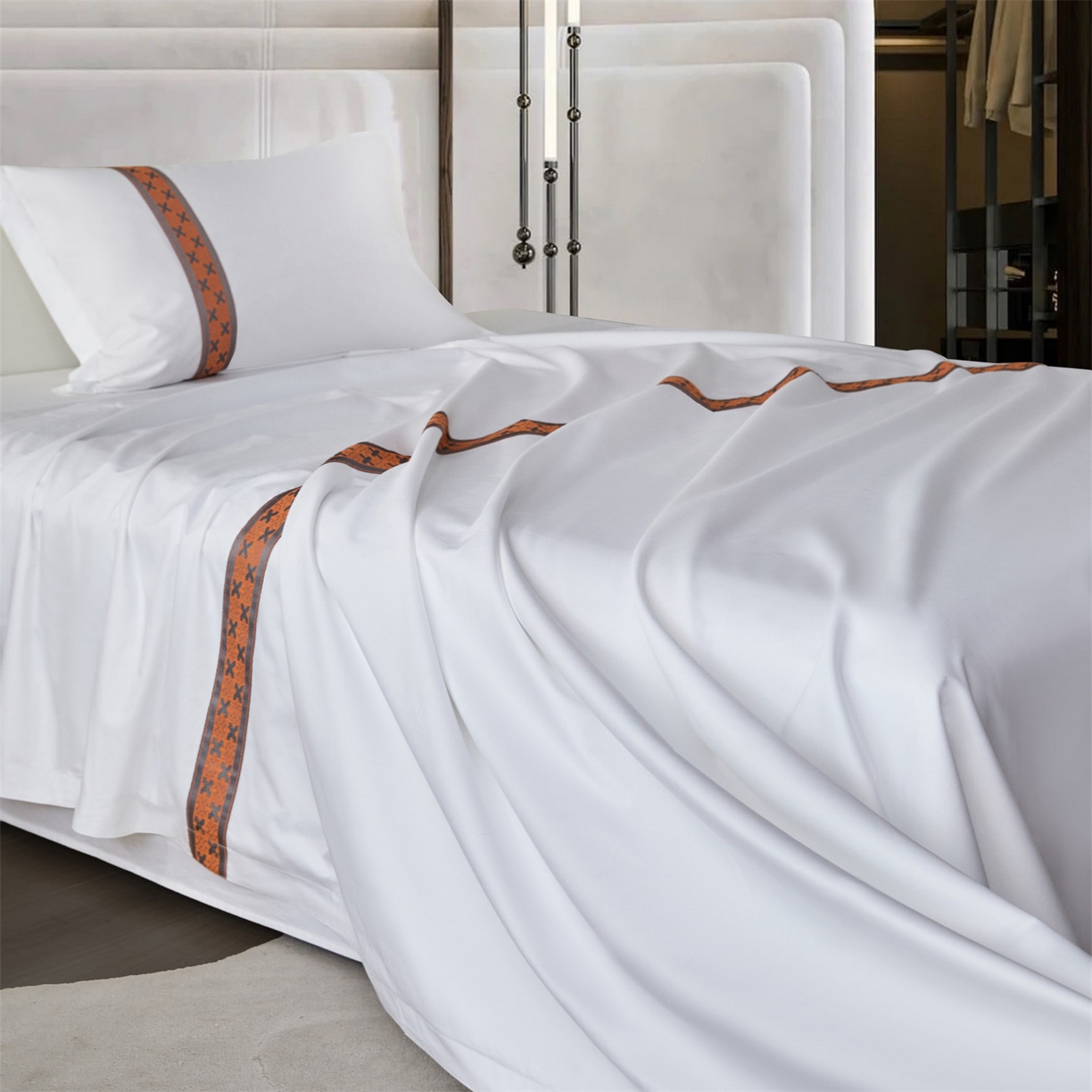 91家纺网 家纺一手货源 找家纺 罗菲尼酒店用品 2025新款高仿棉织带款酒店宾馆四件套 万里