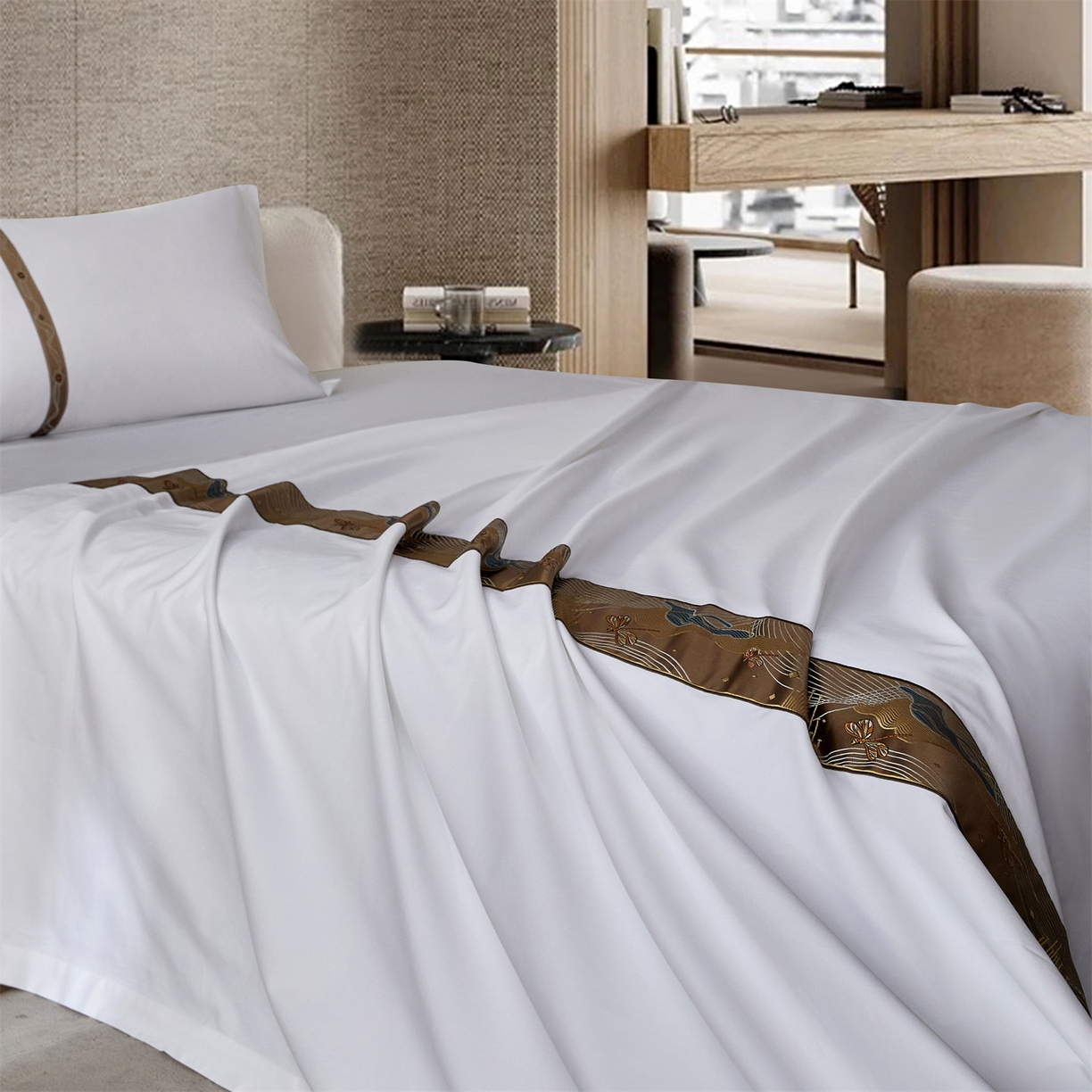 91家纺网 家纺一手货源 找家纺 罗菲尼酒店用品 2025新款高仿棉织带款酒店宾馆四件套 夏日  咖