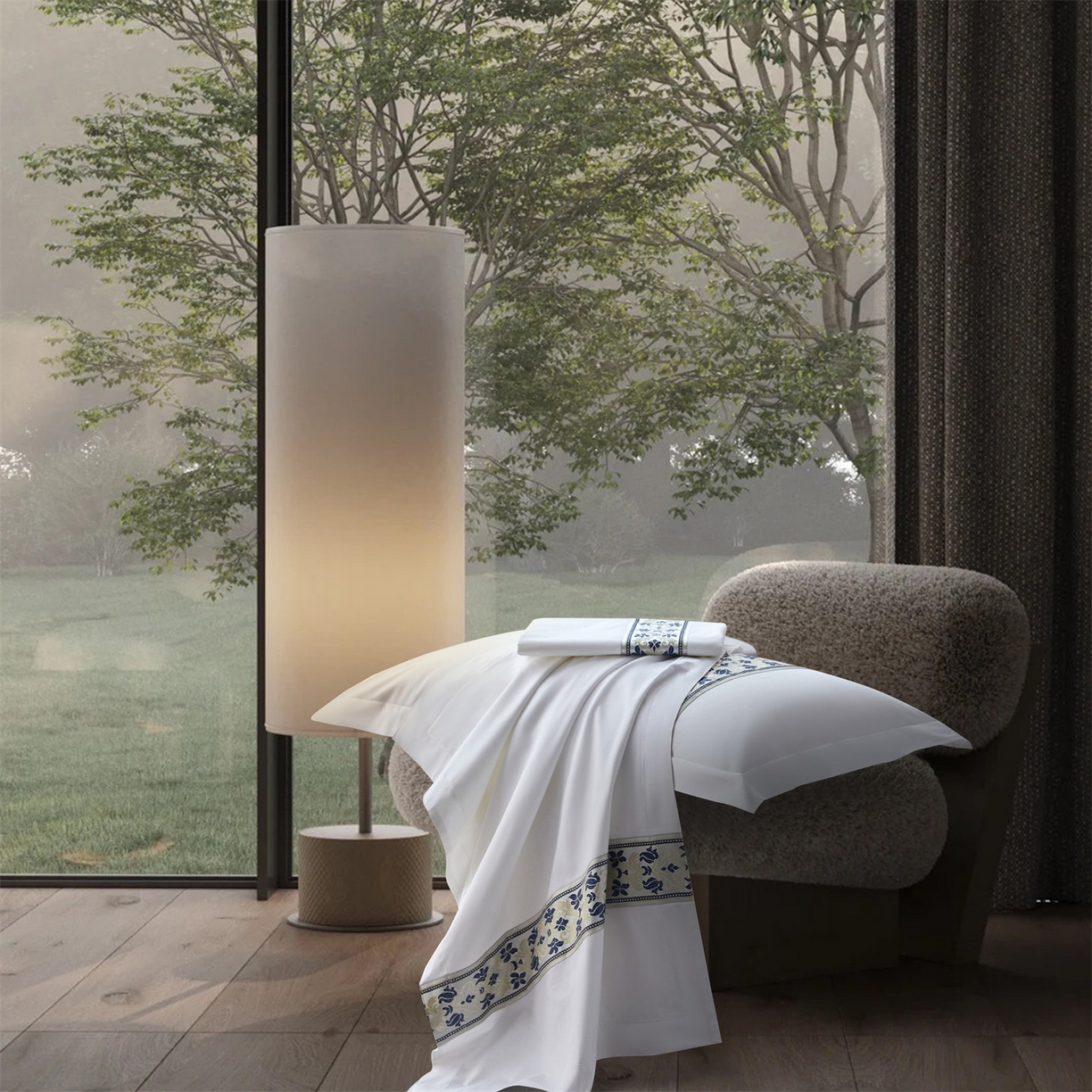 91家纺网 家纺一手货源 找家纺 罗菲尼酒店用品 2025新款高仿棉织带款酒店宾馆四件套 蓝彩