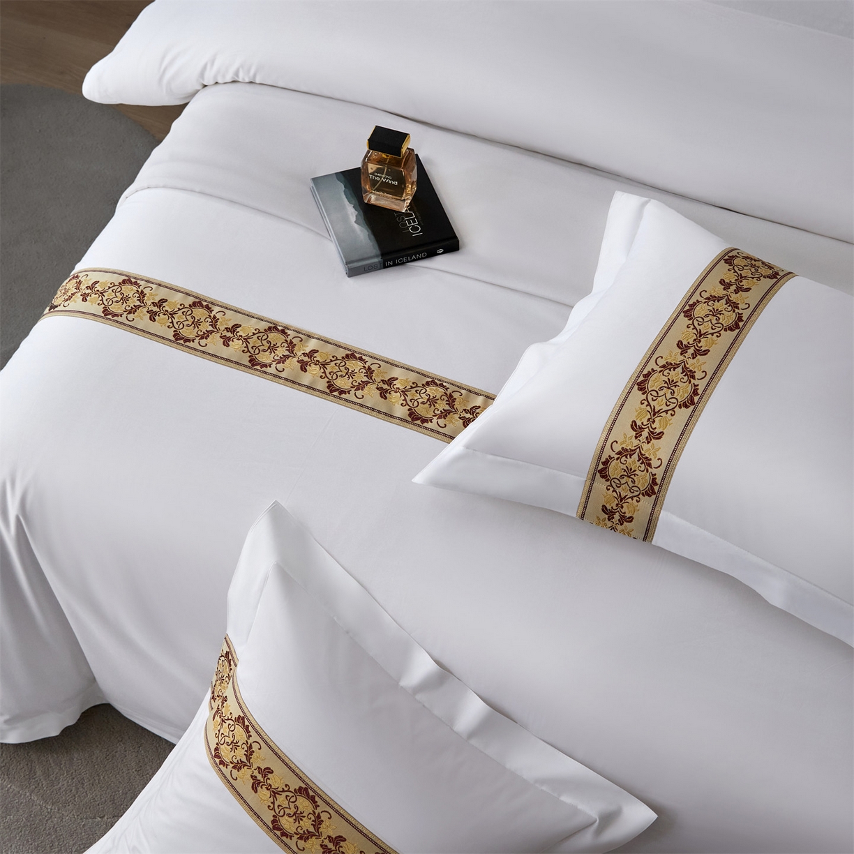 91家纺网 家纺一手货源 找家纺 罗菲尼酒店用品 2025新款高仿棉织带款酒店宾馆四件套 锦绣