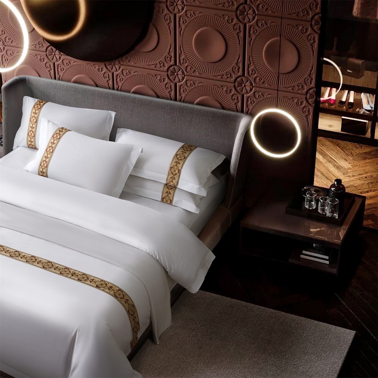 91家纺网 家纺一手货源 找家纺 罗菲尼酒店用品 2025新款高仿棉织带款酒店宾馆四件套 锦绣