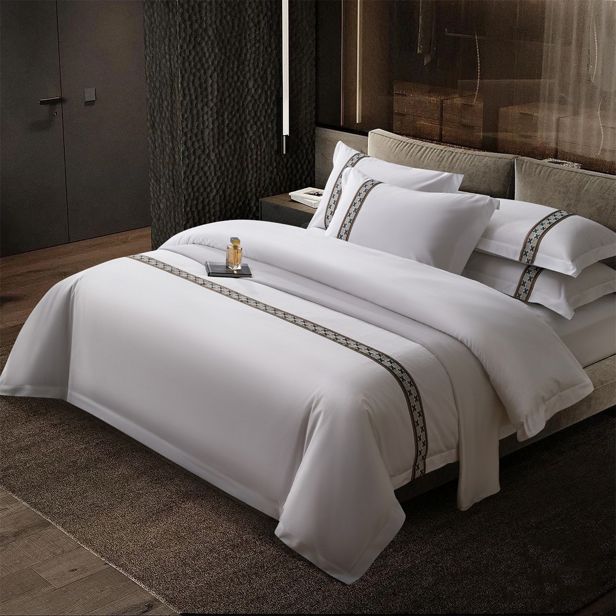 91家纺网 家纺一手货源 找家纺 罗菲尼酒店用品 2025新款高仿棉织带款酒店宾馆四件套 凯森