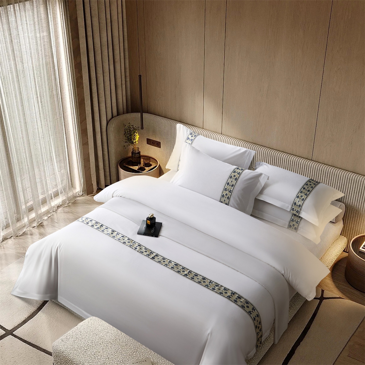 91家纺网 家纺一手货源 找家纺 罗菲尼酒店用品 2025新款高仿棉织带款酒店宾馆四件套 蓝彩