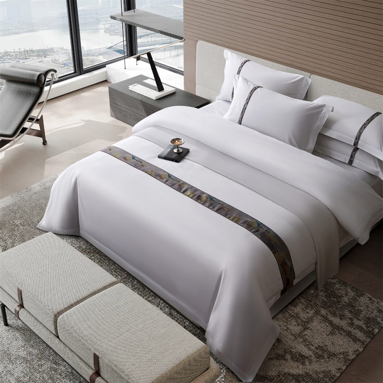 91家纺网 家纺一手货源 找家纺 罗菲尼酒店用品 2025新款高仿棉织带款酒店宾馆四件套 夏日  灰