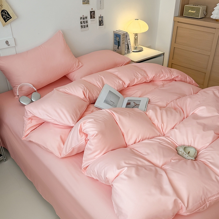 91家纺网 家纺一手货源 找家纺 汣沐生活 2025新款化纤纯色四件套系列 蜜桃奶油