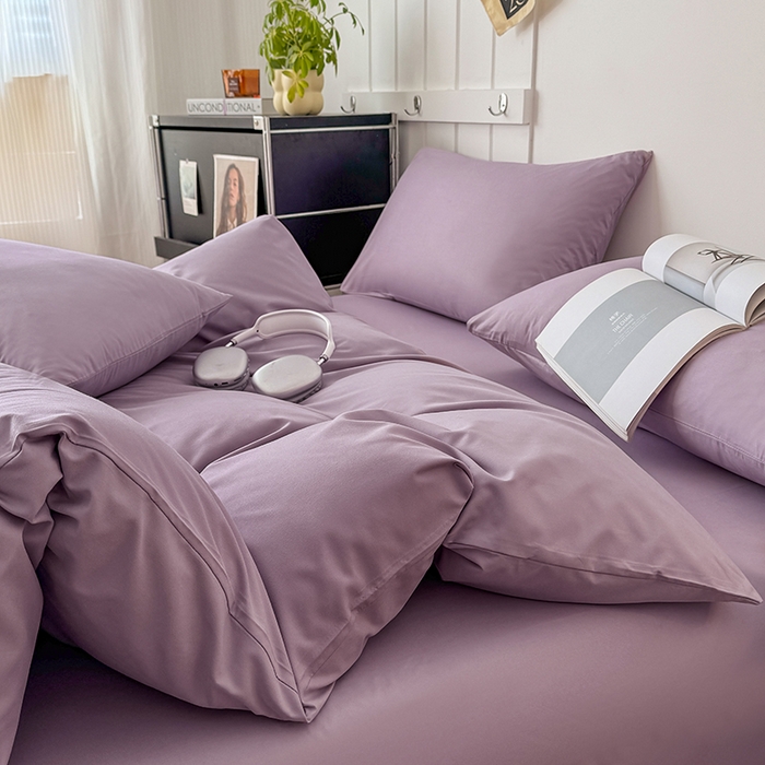 91家纺网 家纺一手货源 找家纺 汣沐生活 2025新款化纤纯色四件套系列 薰衣草紫
