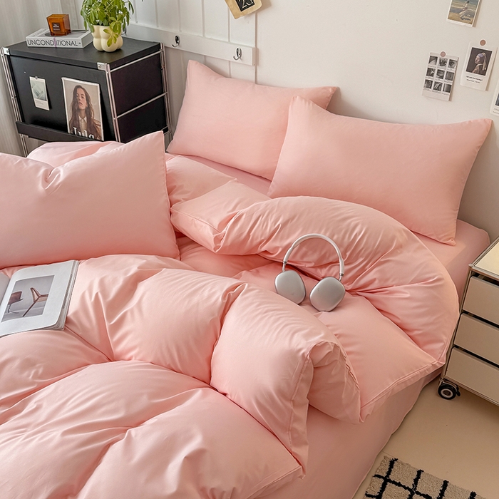 91家纺网 家纺一手货源 找家纺 汣沐生活 2025新款化纤纯色四件套系列 蜜桃奶油