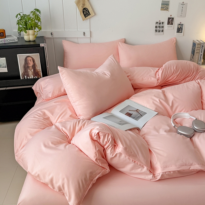 汣沐生活 2025新款化纤纯色四件套系列 蜜桃奶油