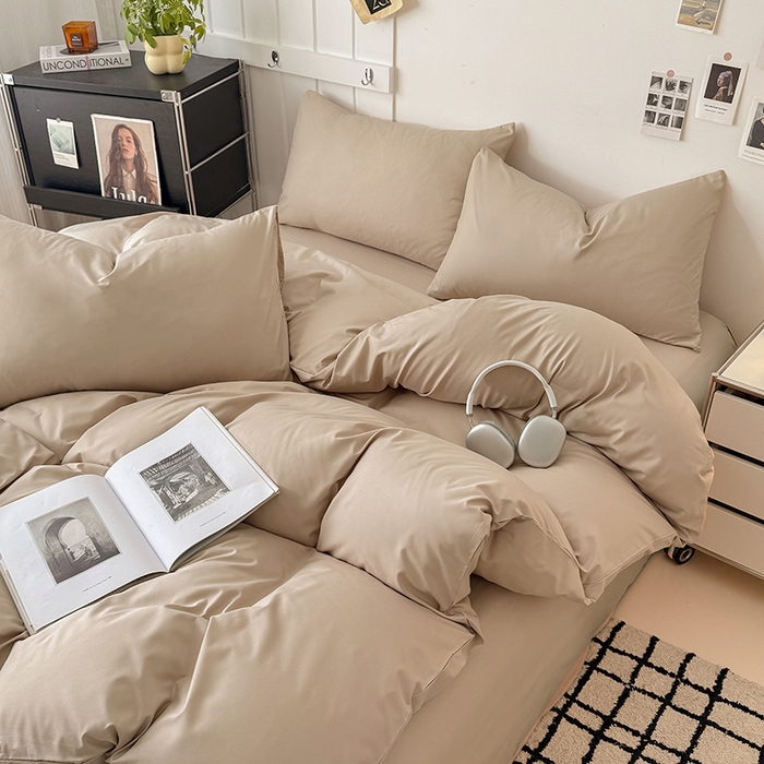 91家纺网 家纺一手货源 找家纺 汣沐生活 2025新款化纤纯色四件套系列 拿铁卡其