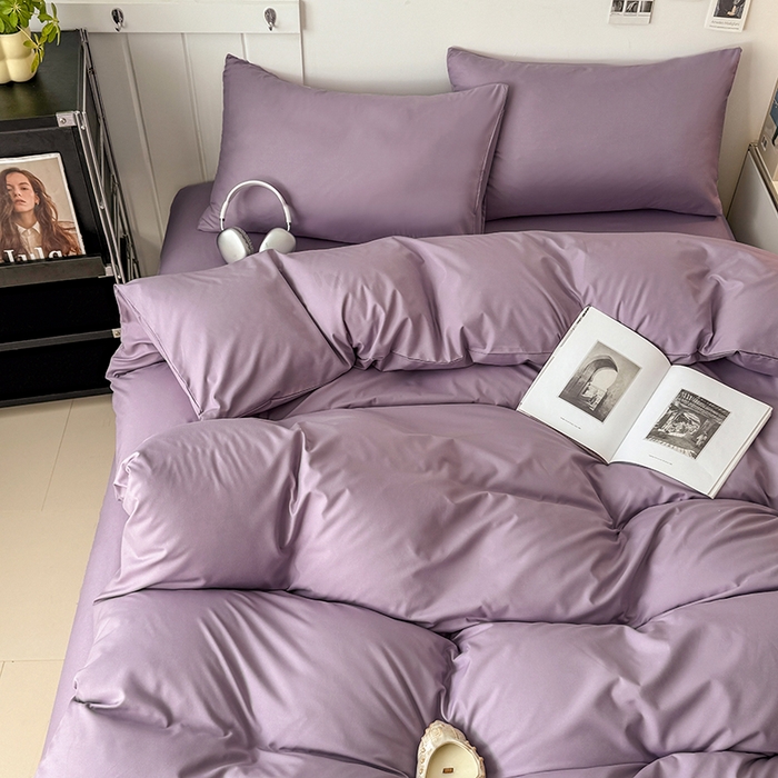 91家纺网 家纺一手货源 找家纺 汣沐生活 2025新款化纤纯色四件套系列 薰衣草紫