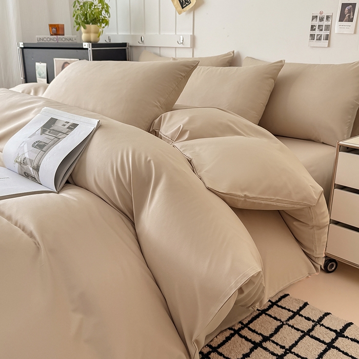 91家纺网 家纺一手货源 找家纺 汣沐生活 2025新款化纤纯色四件套系列 拿铁卡其