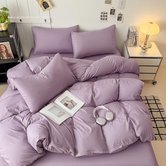 91家纺网 家纺一手货源 找家纺 汣沐生活 2025新款化纤纯色四件套系列 薰衣草紫