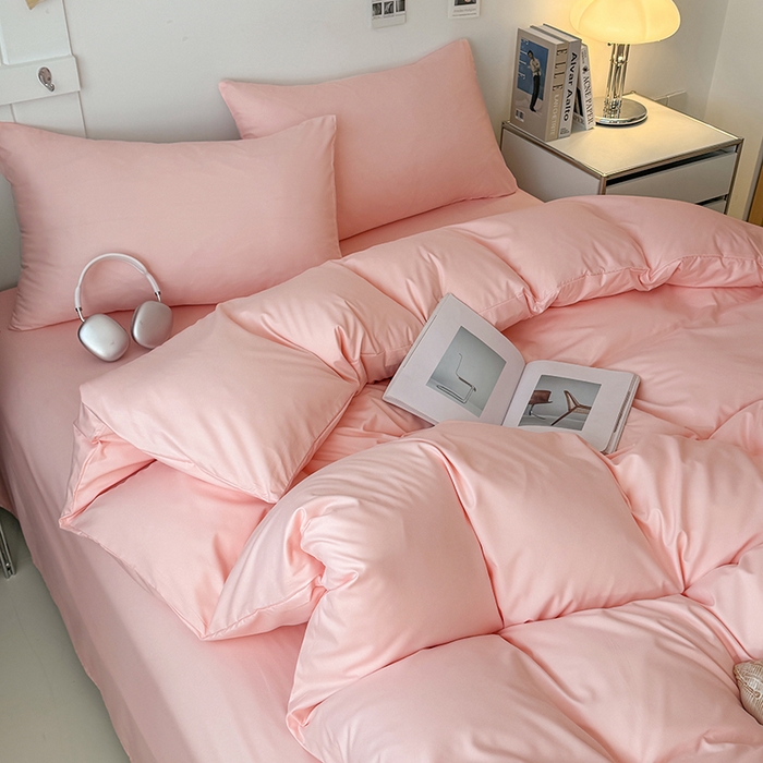 91家纺网 家纺一手货源 找家纺 汣沐生活 2025新款化纤纯色四件套系列 蜜桃奶油