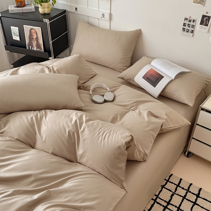 91家纺网 家纺一手货源 找家纺 汣沐生活 2025新款化纤纯色四件套系列 拿铁卡其