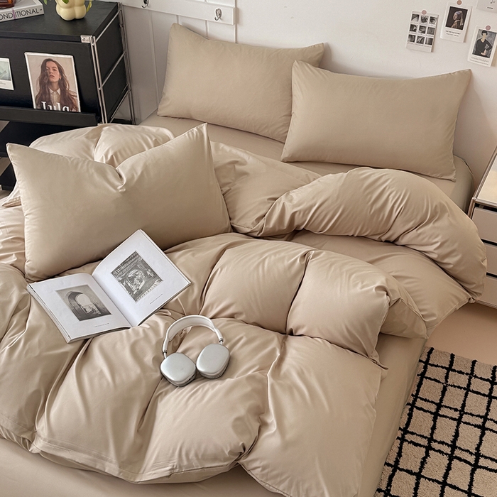 91家纺网 家纺一手货源 找家纺 汣沐生活 2025新款化纤纯色四件套系列 拿铁卡其