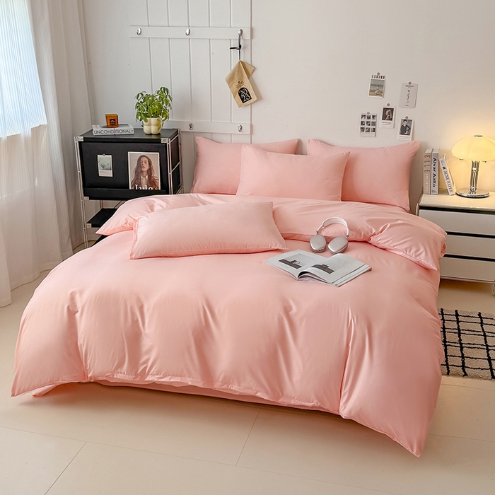 91家纺网 家纺一手货源 找家纺 汣沐生活 2025新款化纤纯色四件套系列 蜜桃奶油