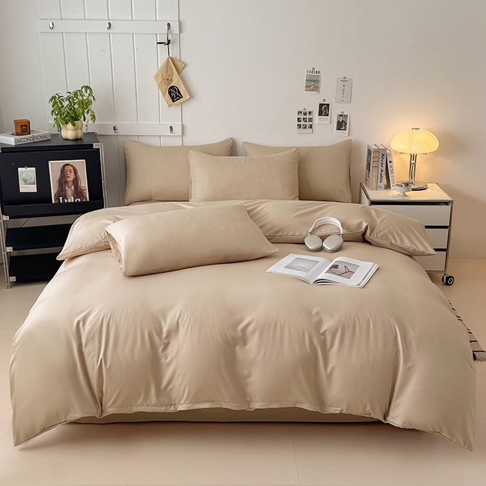 91家纺网 家纺一手货源 找家纺 汣沐生活 2025新款化纤纯色四件套系列 拿铁卡其