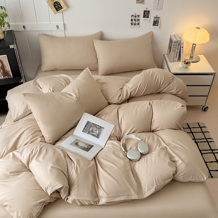 91家纺网 家纺一手货源 找家纺 汣沐生活 2025新款化纤纯色四件套系列 拿铁卡其