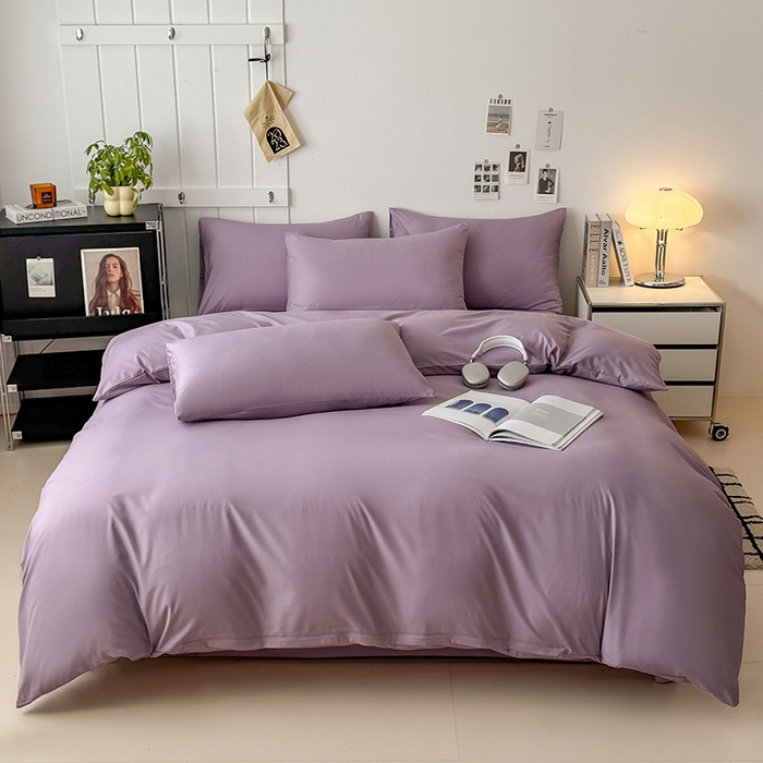 91家纺网 家纺一手货源 找家纺 汣沐生活 2025新款化纤纯色四件套系列 薰衣草紫