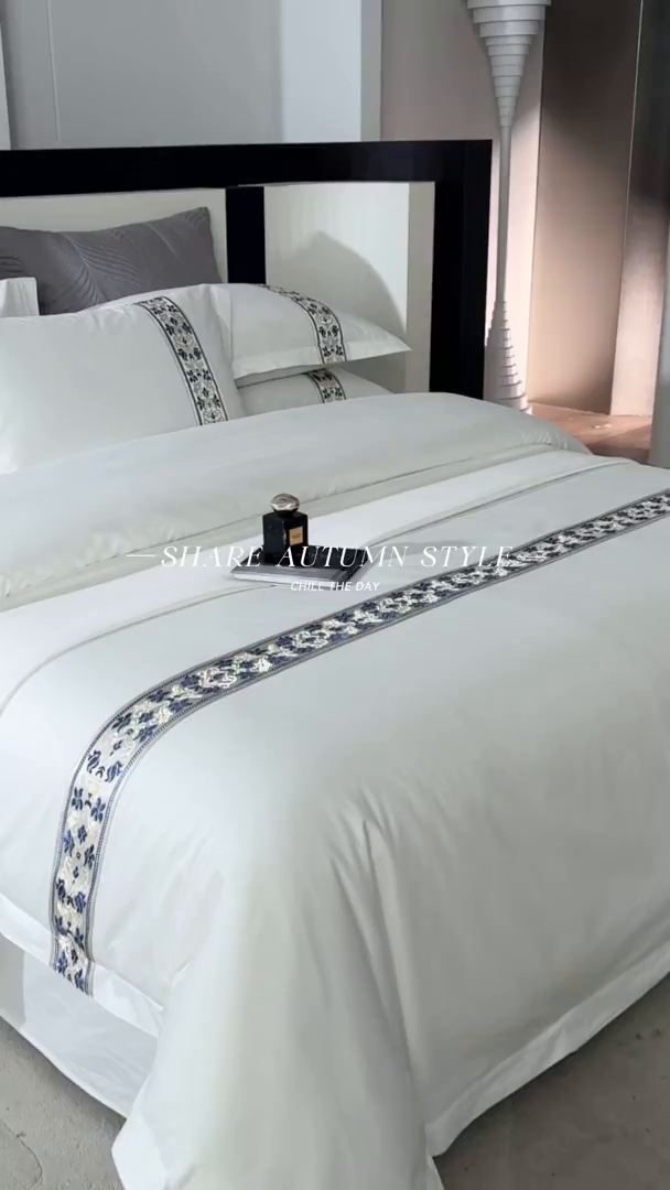 91家纺网 家纺一手货源 找家纺 罗菲尼酒店用品 2025新款高仿棉织带款酒店宾馆四件套 蓝彩