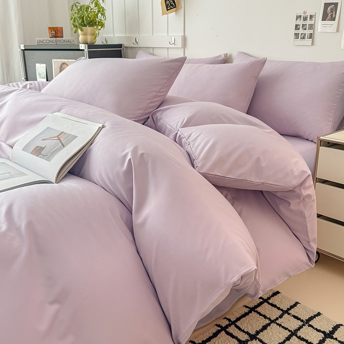 91家纺网 家纺一手货源 找家纺 汣沐生活 2025新款化纤纯色四件套系列 香芋紫