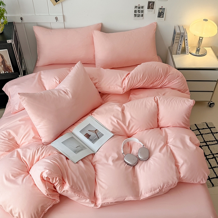 91家纺网 家纺一手货源 找家纺 汣沐生活 2025新款化纤纯色四件套系列 蜜桃奶油