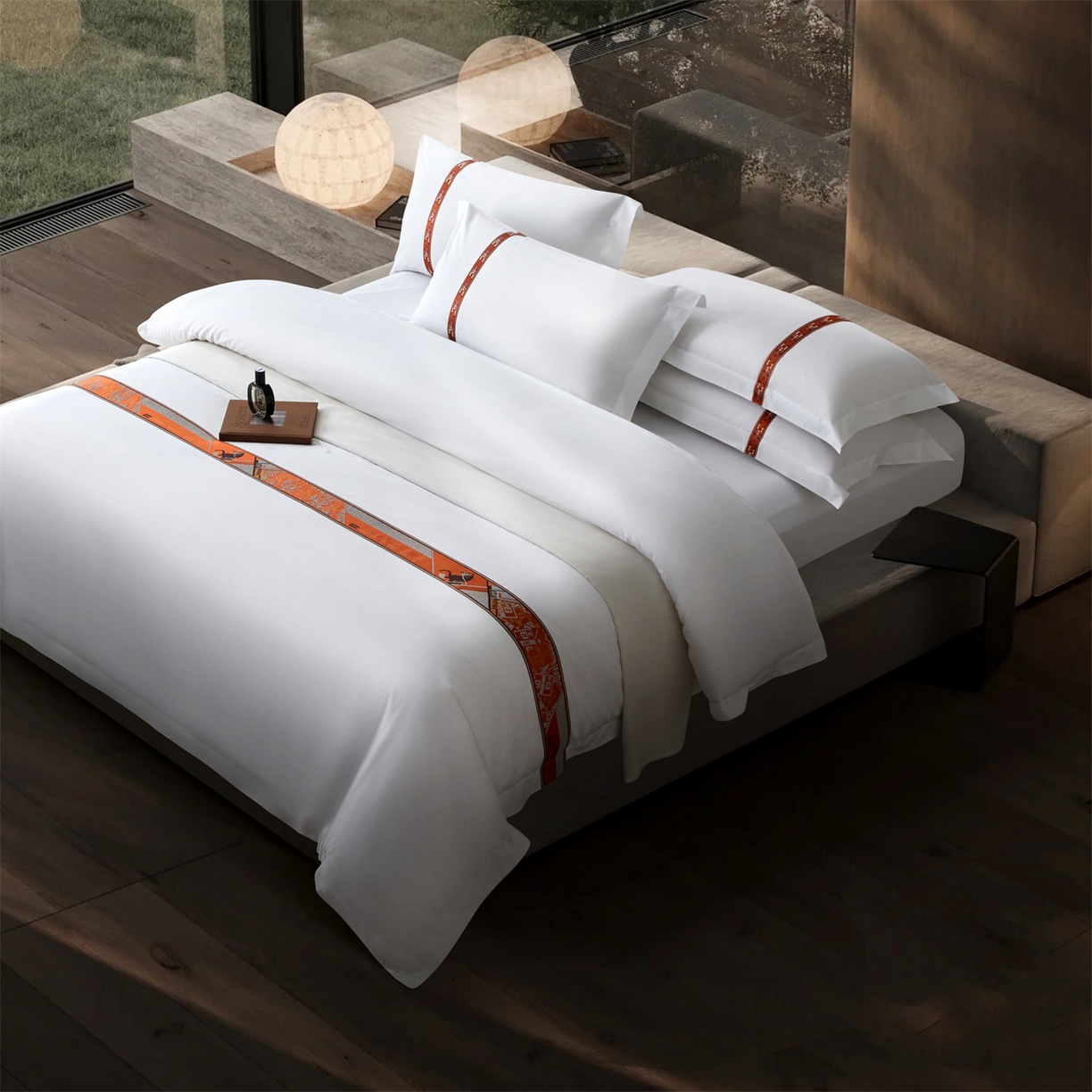 91家纺网 家纺一手货源 找家纺 罗菲尼酒店用品 2025新款高仿棉织带款酒店宾馆四件套 马驹