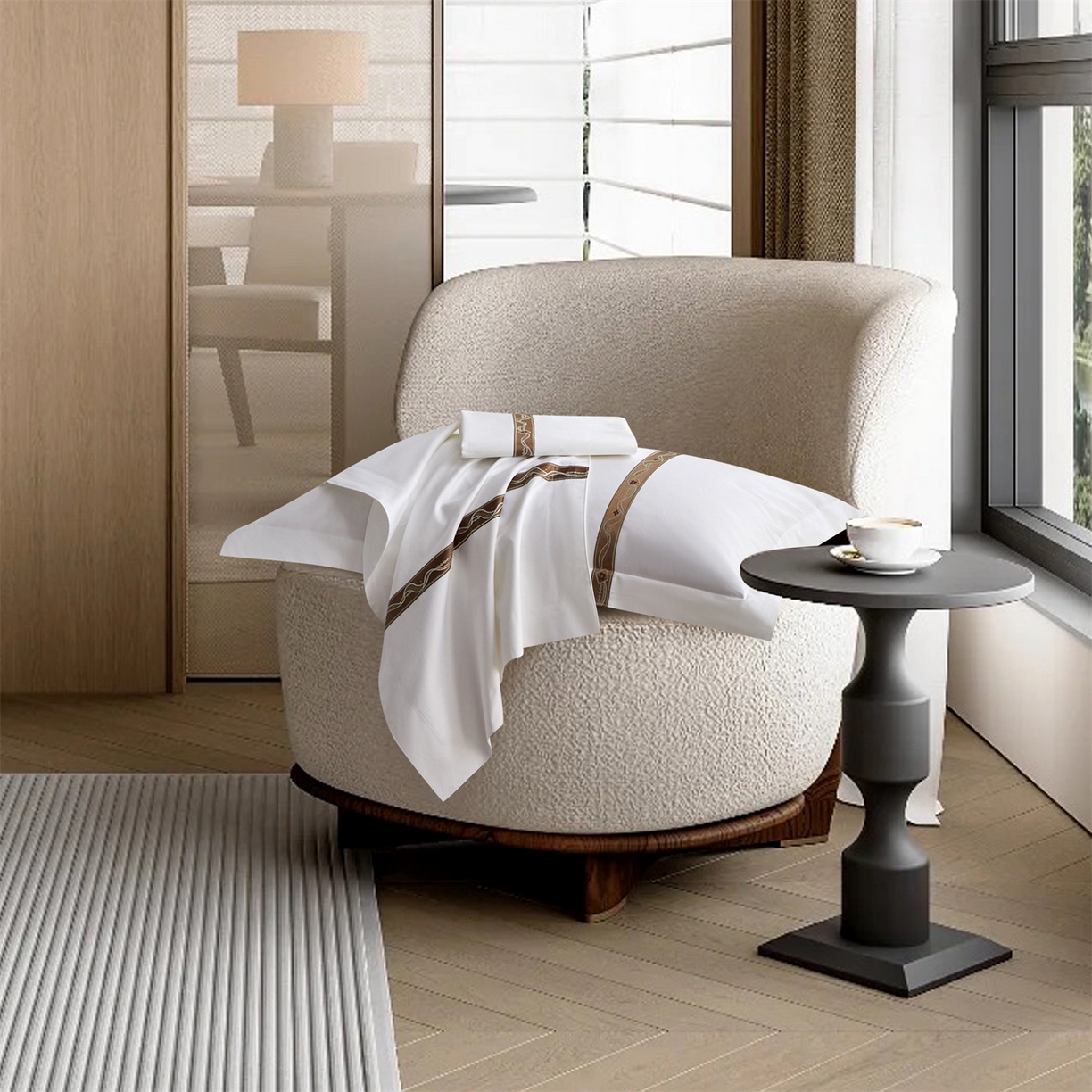 91家纺网 家纺一手货源 找家纺 罗菲尼酒店用品 2025新款高仿棉织带款酒店宾馆四件套 夏日  咖