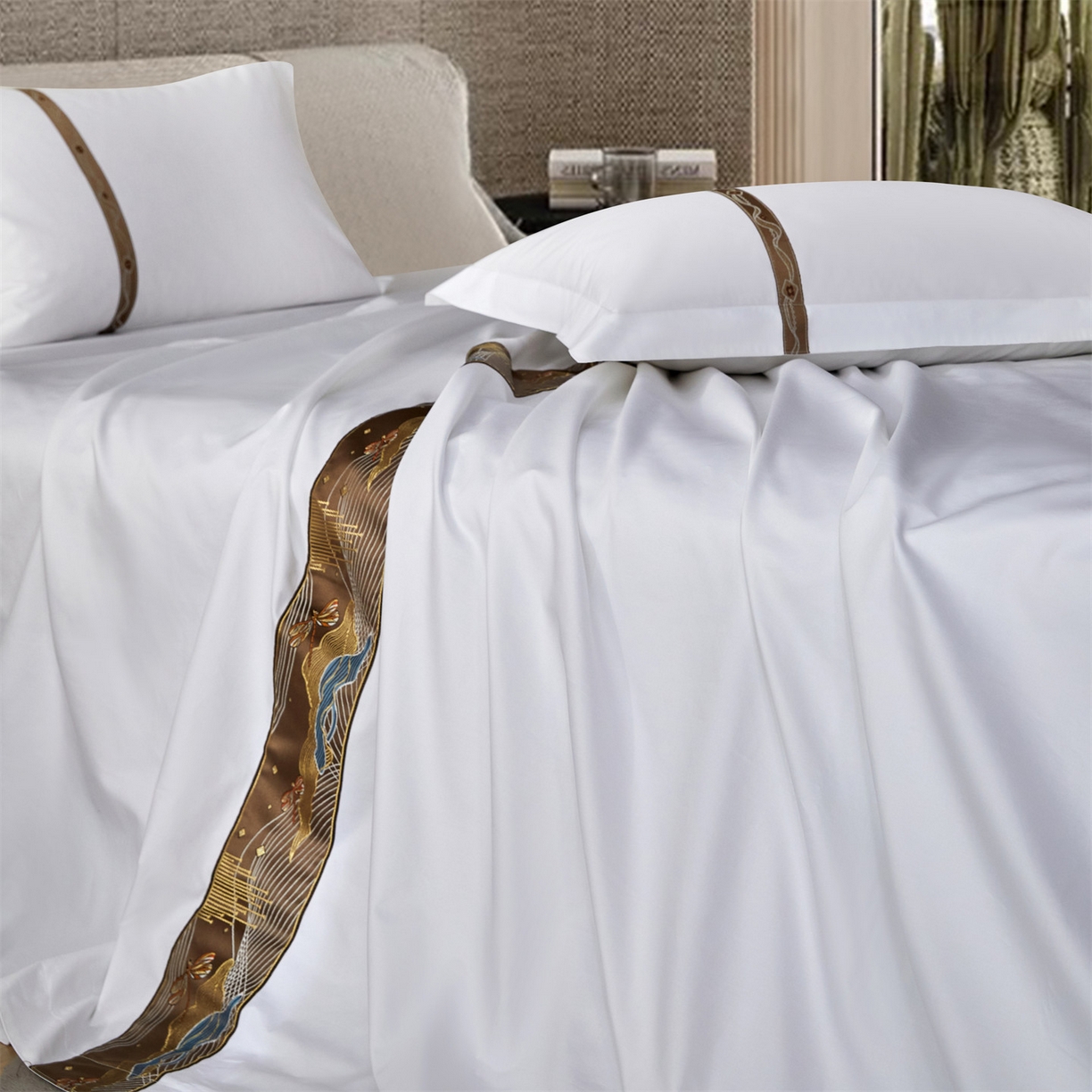 91家纺网 家纺一手货源 找家纺 罗菲尼酒店用品 2025新款高仿棉织带款酒店宾馆四件套 夏日  咖