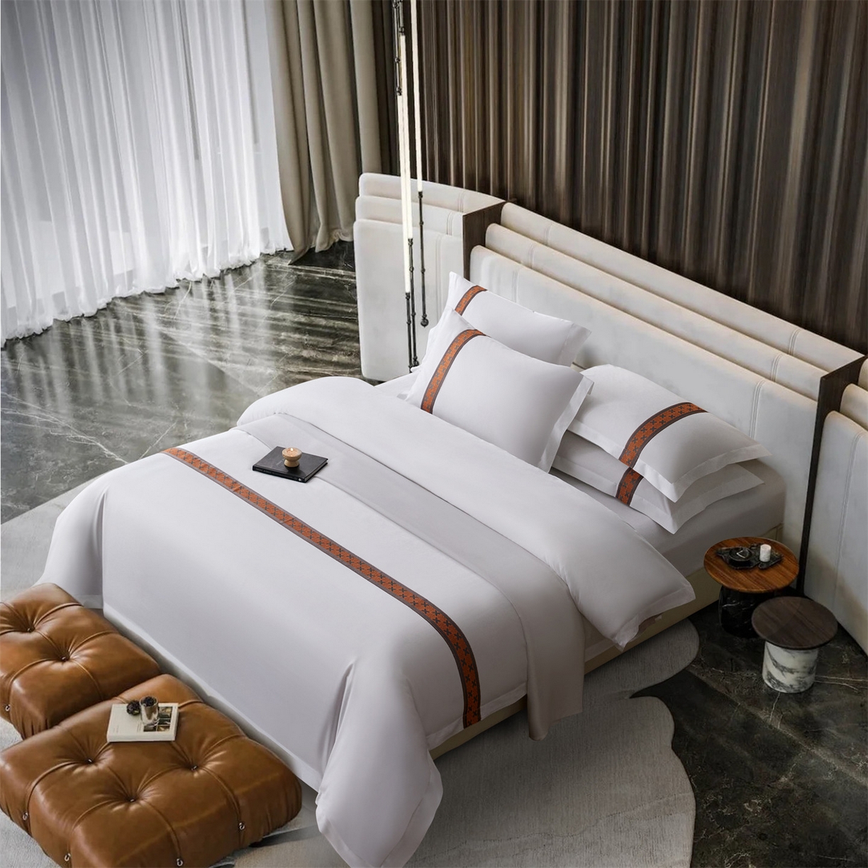 91家纺网 家纺一手货源 找家纺 罗菲尼酒店用品 2025新款高仿棉织带款酒店宾馆四件套 万里