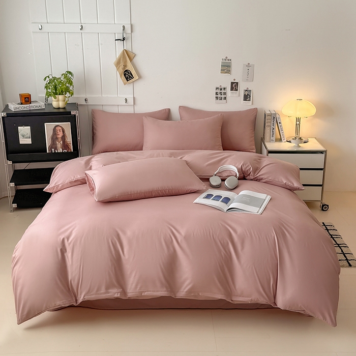 91家纺网 家纺一手货源 找家纺 汣沐生活 2025新款化纤纯色四件套系列 柔雾粉