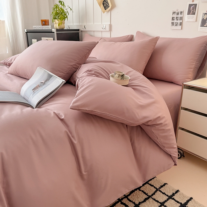 91家纺网 家纺一手货源 找家纺 汣沐生活 2025新款化纤纯色四件套系列 柔雾粉