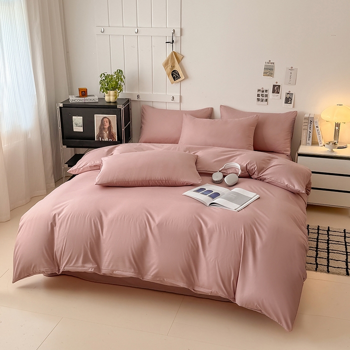 91家纺网 家纺一手货源 找家纺 汣沐生活 2025新款化纤纯色四件套系列 柔雾粉