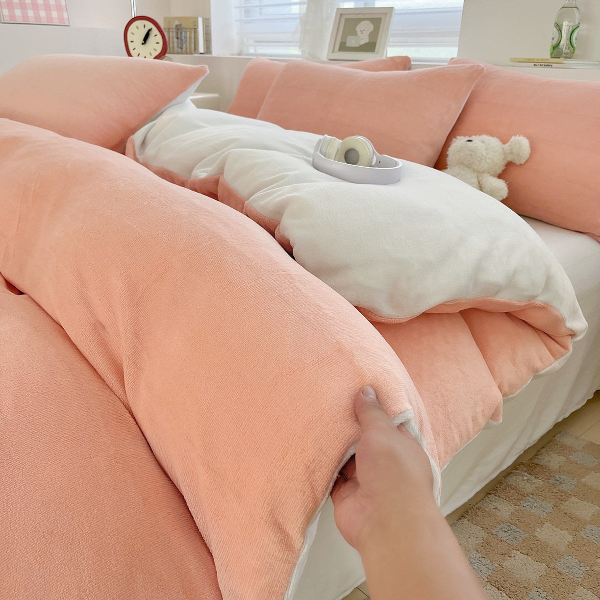 汣沐生活 2025新款牛奶绒双拼四件套系列 橘调芋泥