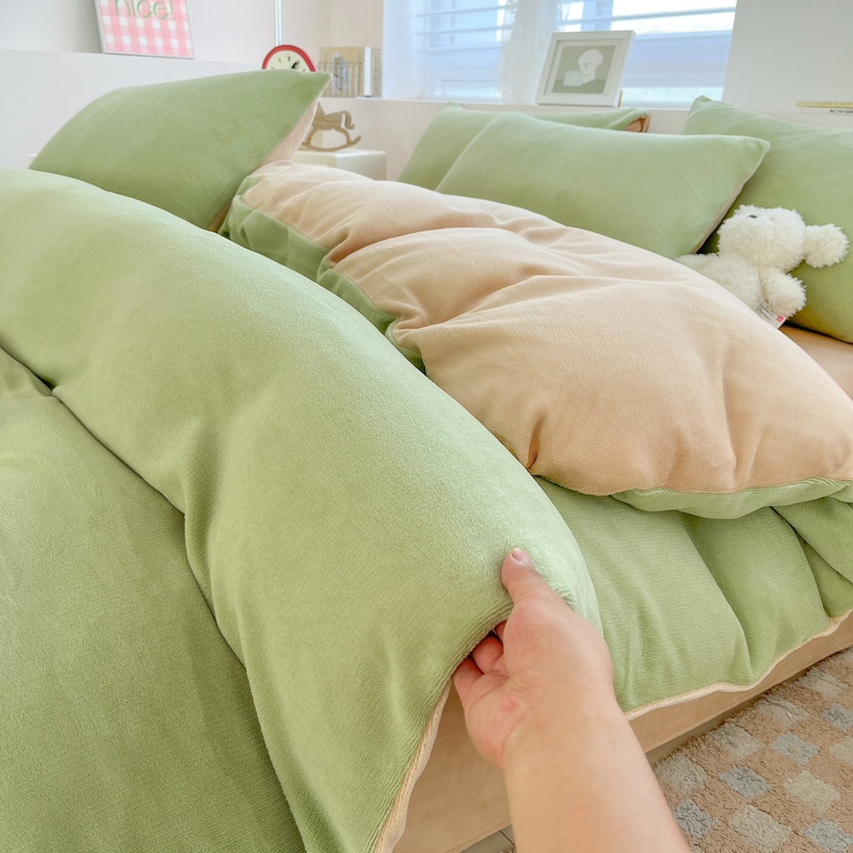 汣沐生活 2025新款牛奶绒双拼四件套系列 抹茶奶咖