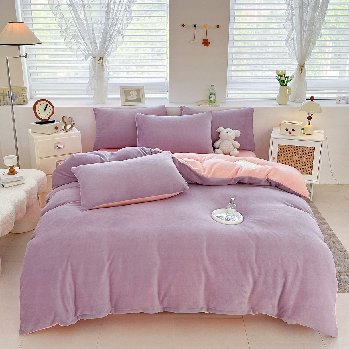 91家纺网 家纺一手货源 找家纺 汣沐生活 2025新款牛奶绒双拼四件套系列 紫莓甜梦