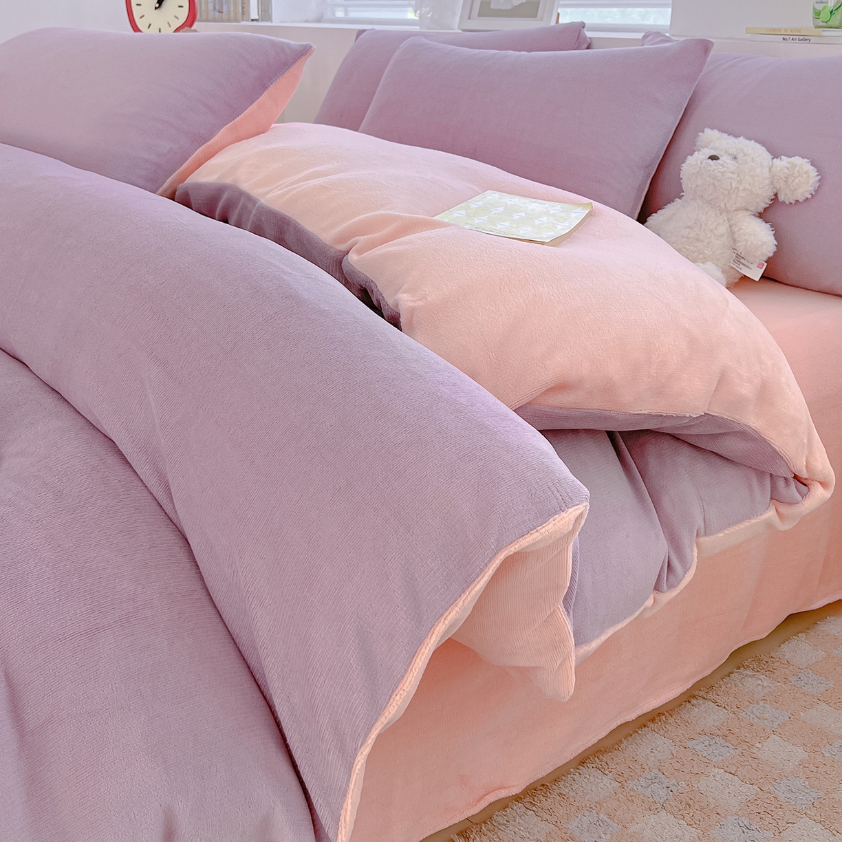 91家纺网 家纺一手货源 找家纺 汣沐生活 2025新款牛奶绒双拼四件套系列 紫莓甜梦