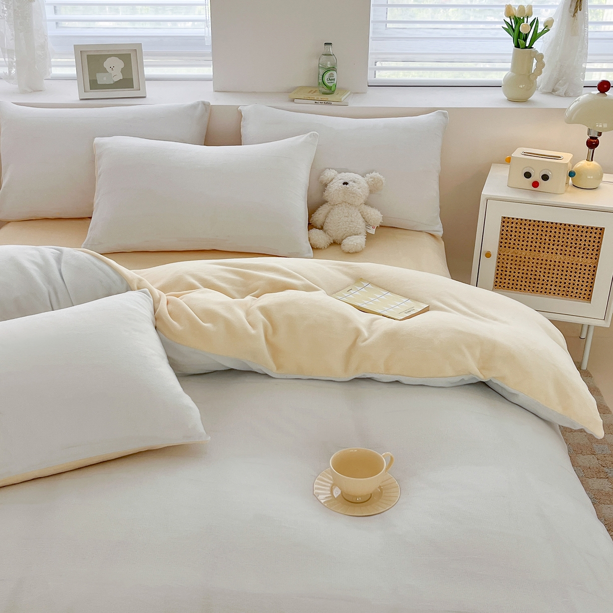 91家纺网 家纺一手货源 找家纺 汣沐生活 2025新款牛奶绒双拼四件套系列 海盐芝士