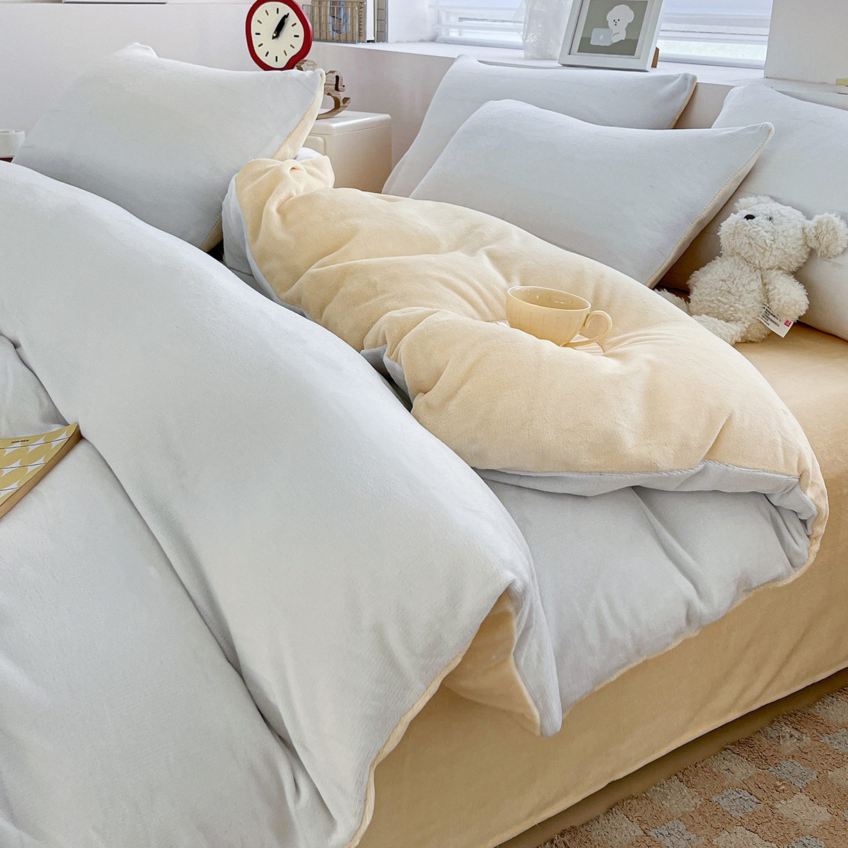 91家纺网 家纺一手货源 找家纺 汣沐生活 2025新款牛奶绒双拼四件套系列 海盐芝士