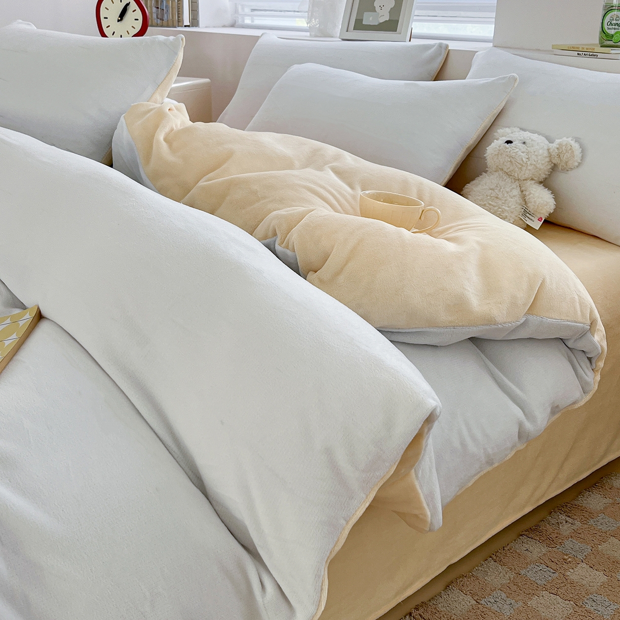 91家纺网 家纺一手货源 找家纺 汣沐生活 2025新款牛奶绒双拼四件套系列 海盐芝士